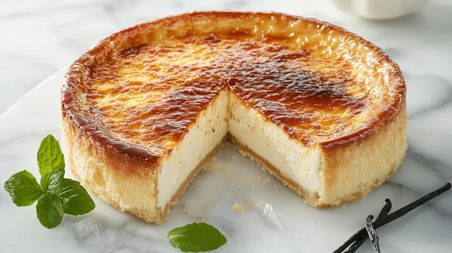 A rich and creamy Crème Brûlée Cheesecake with a perfectly caramelized sugar crust, sitting on a plate with a slice removed, showcasing its smooth texture