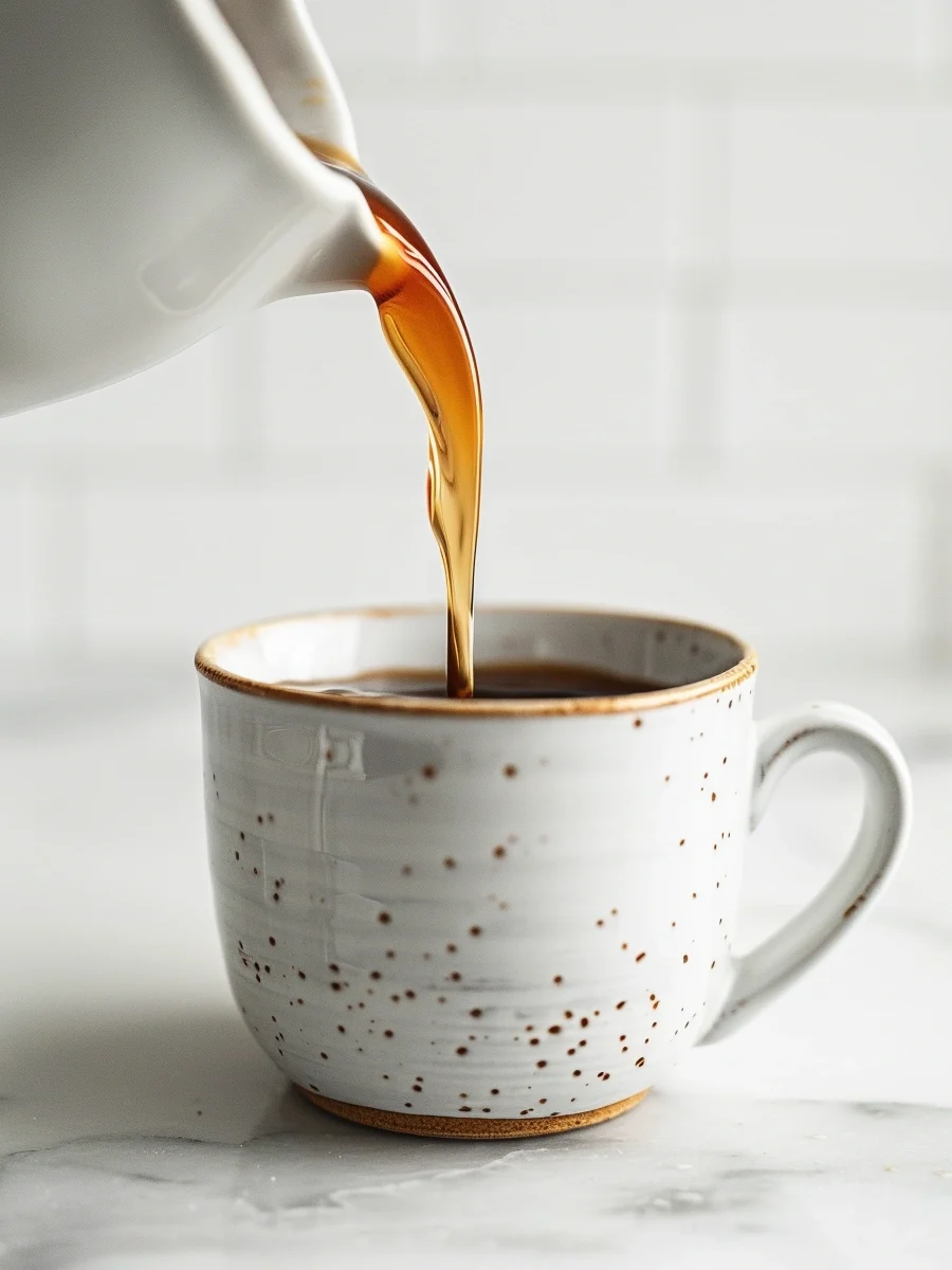 Homemade vanilla for skinny syrups being poured into a coffee cup on a white marble surface.