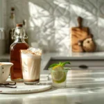 Elegant bottle of homemade vanilla syrup on a white marble countertop, surrounded by vanilla beans, cinnamon sticks, and a crystal glass vanilla latte