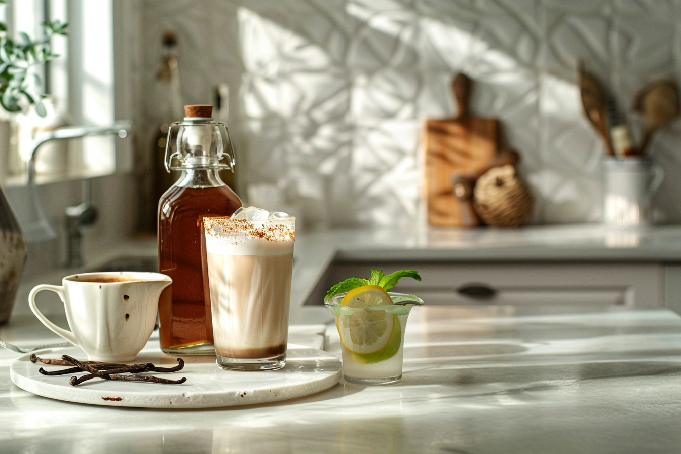 Elegant bottle of homemade vanilla syrup on a white marble countertop, surrounded by vanilla beans, cinnamon sticks, and a crystal glass vanilla latte