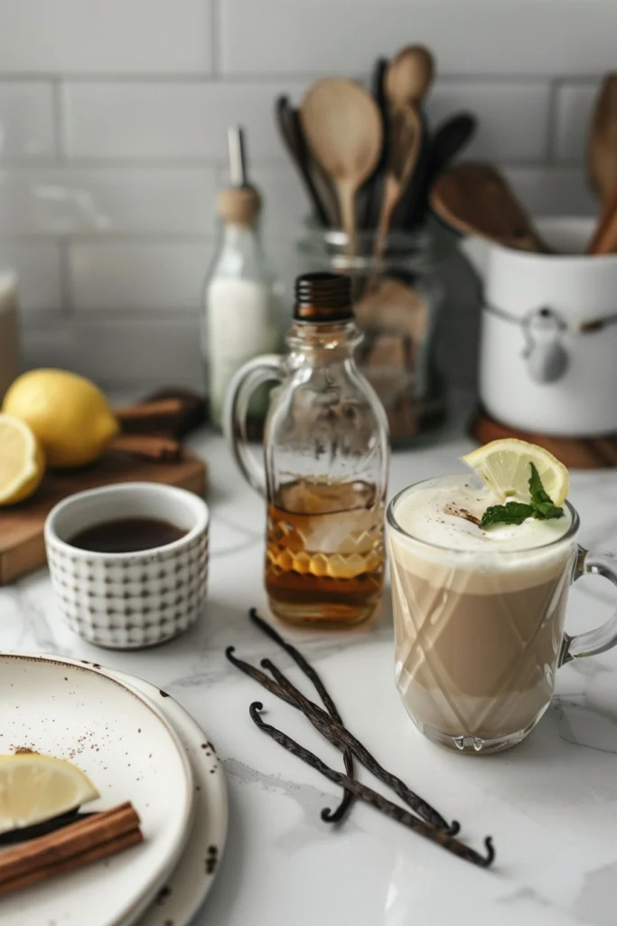 Assortment of drinks on white marble: vanilla latte, hazelnut chocolate, and lemon-lime cocktail beside a bottle of vanilla skinny syrups