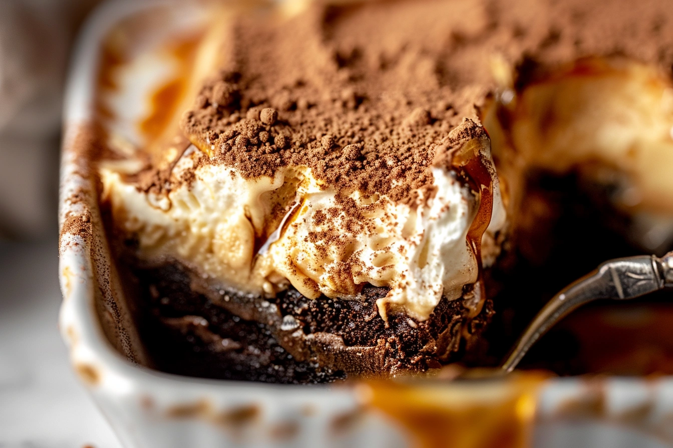 A square plate of millionaire’s tiramisu elegantly layered with rich cream and dusted cocoa, styled on a white marble surface with a minimalist and sophisticated touch.