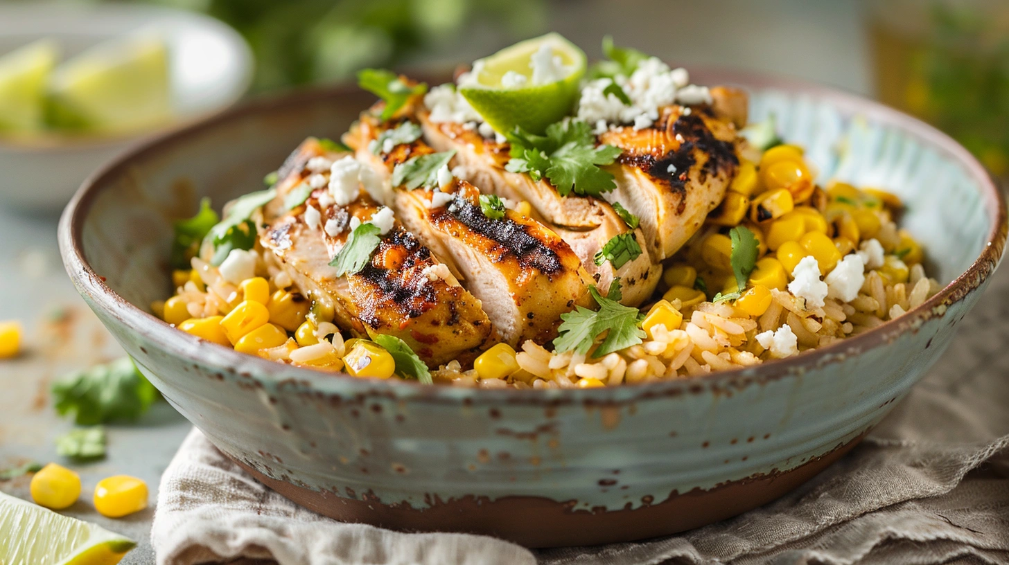 street corn chicken rice bowl