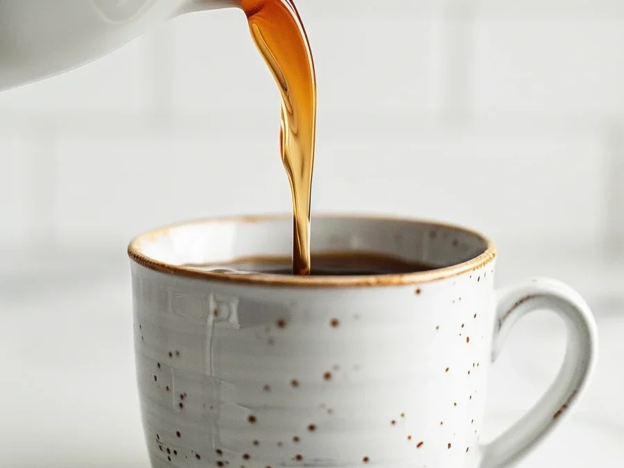 Homemade vanilla for skinny syrups being poured into a coffee cup on a white marble surface.