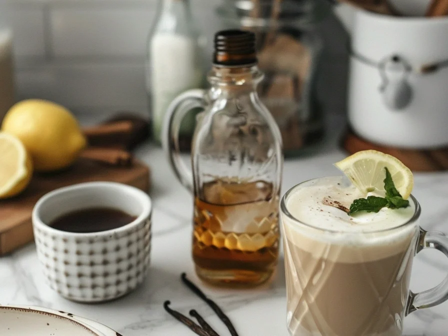 Assortment of drinks on white marble: vanilla latte, hazelnut chocolate, and lemon-lime cocktail beside a bottle of vanilla skinny syrups