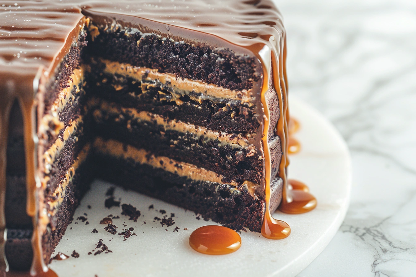 chocolate fudge cake on white marble